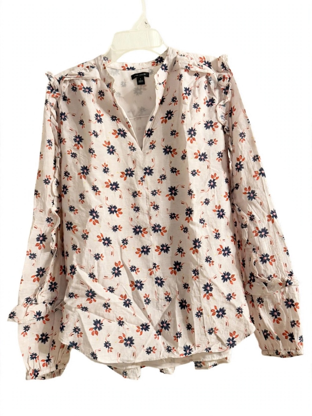 Ann Taylor Pink Floral Split-Neck Long Sleeve Blouse